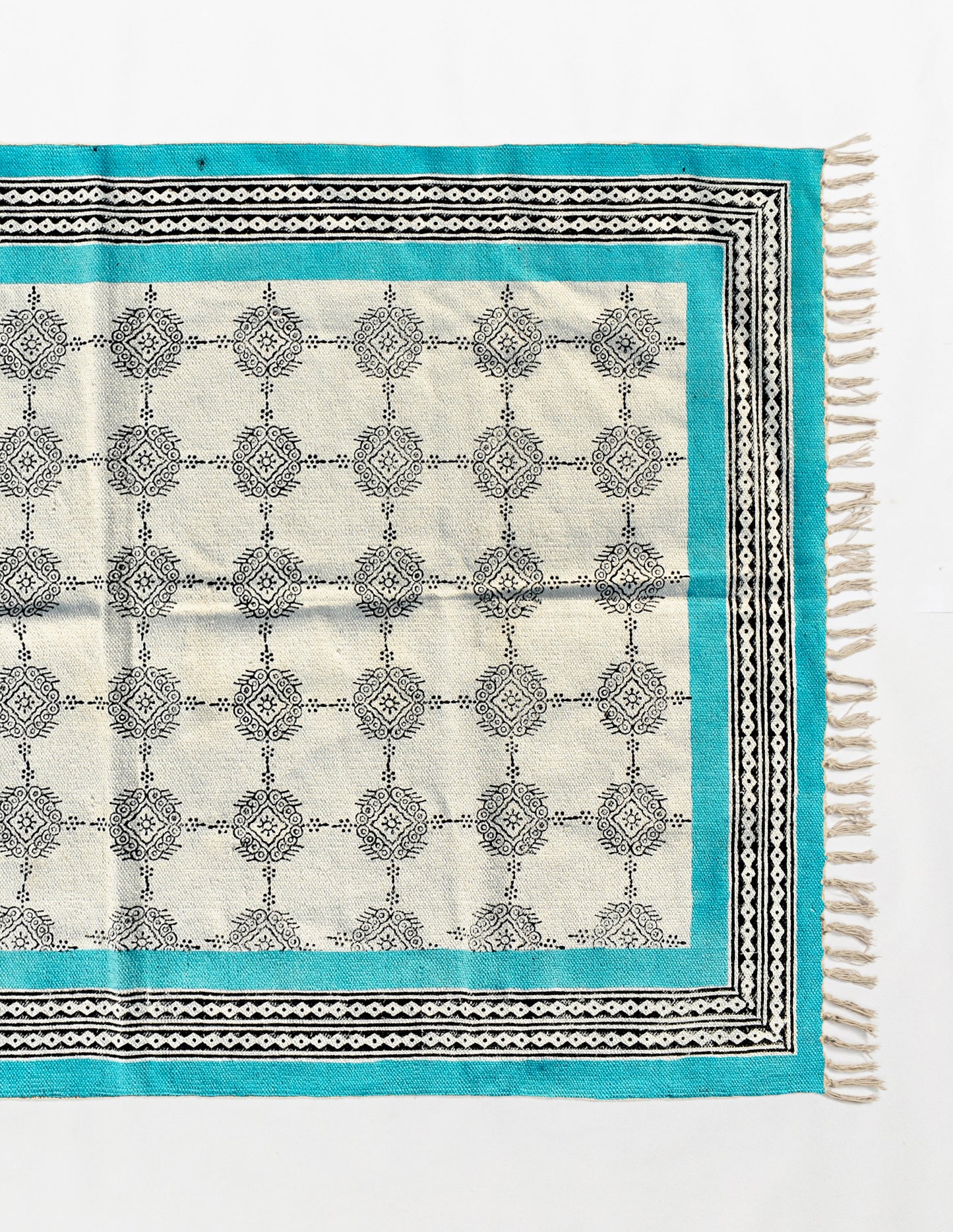 Cotton Runner rug Handmade rug Block printed rug Runner area rug Sky blue rug Flatweave rug Handwoven rug, 3x10 4x10 Feet