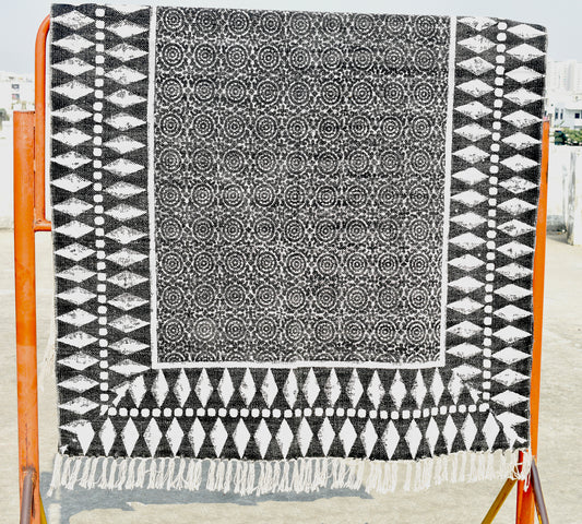 Hand Block Printed Rug Black White Color Rug Floor Rug Geometric Rug Kilim Rug Anatolian Rug, Tribal Rug Oushak Area Rug, 3x5 4x6 9x12 Feet