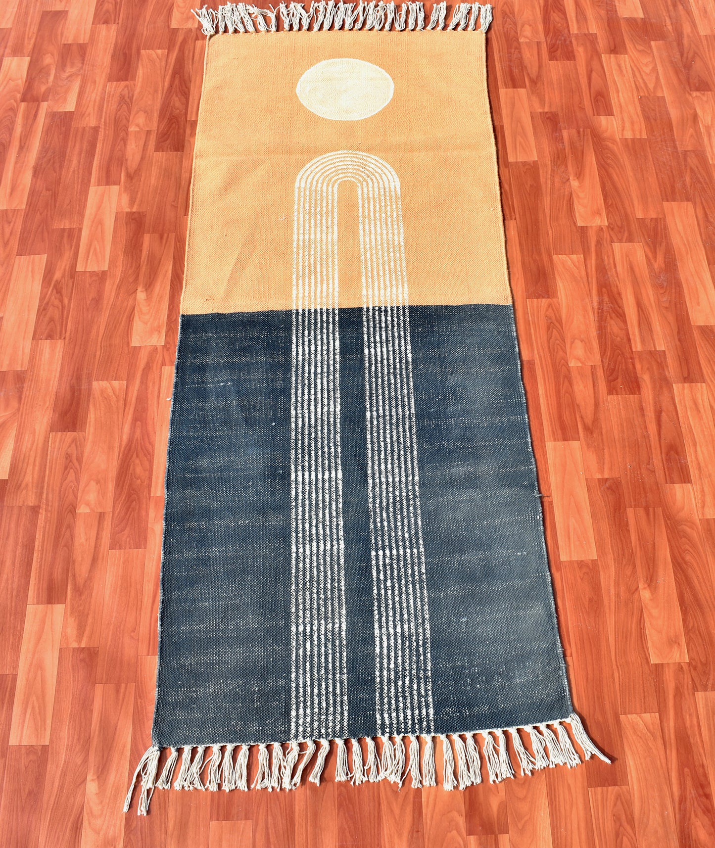 6x8 feet Indian cotton rug Custom rug Handwave rug Block print rug Blue orange rug Boho throw rug Nursery rug Large area rug Entryway rug