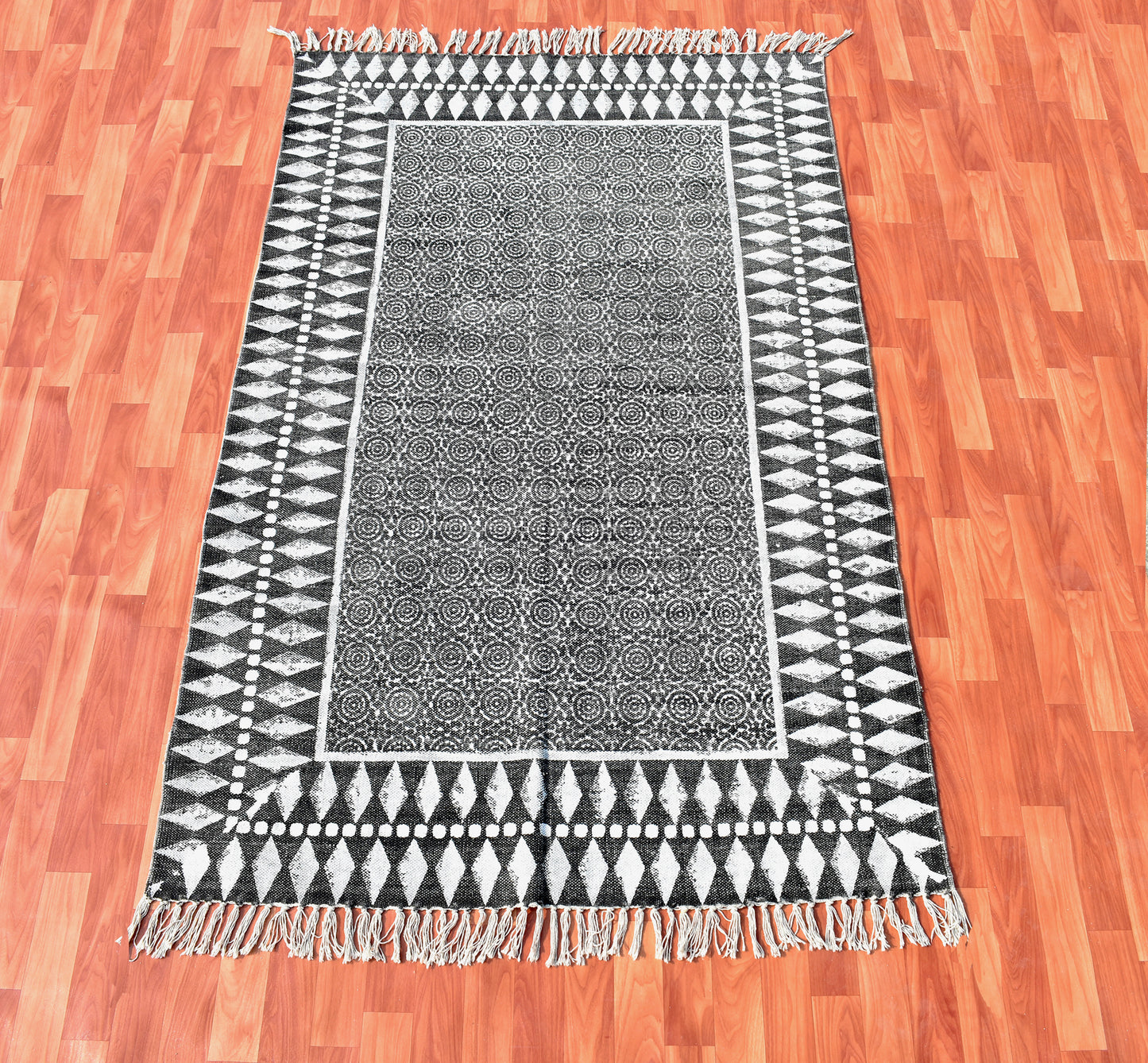 10x16 feet Handmade woven cotton rug Indian hand block printed carpet Geometric outdoor garden area rug Black bohemian kilim durries