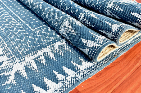 Indigo Blue Cotton Rug Indian Handmade Rug Farmhouse Décor Geometric, Turkish, Home Décor Kilim Outdoor Area Rug 9x12 Feet