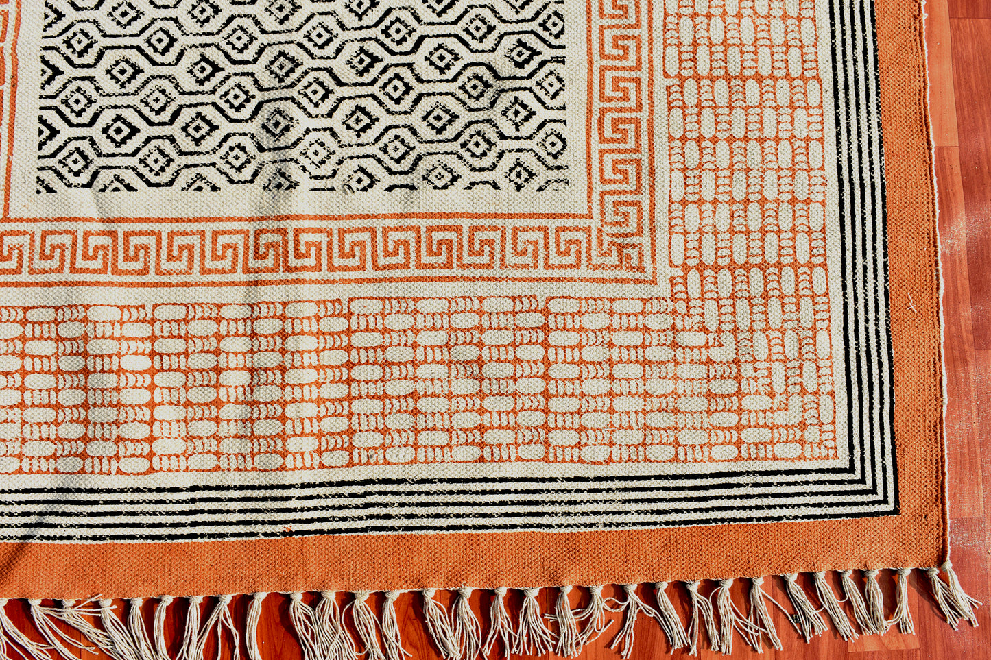 6x8 Feet Cotton dhurrie rug Orange black color rug Outdoor garden rug Beach throw rug Turkish area rug Oushak rug Morocco rug Flatweave rug