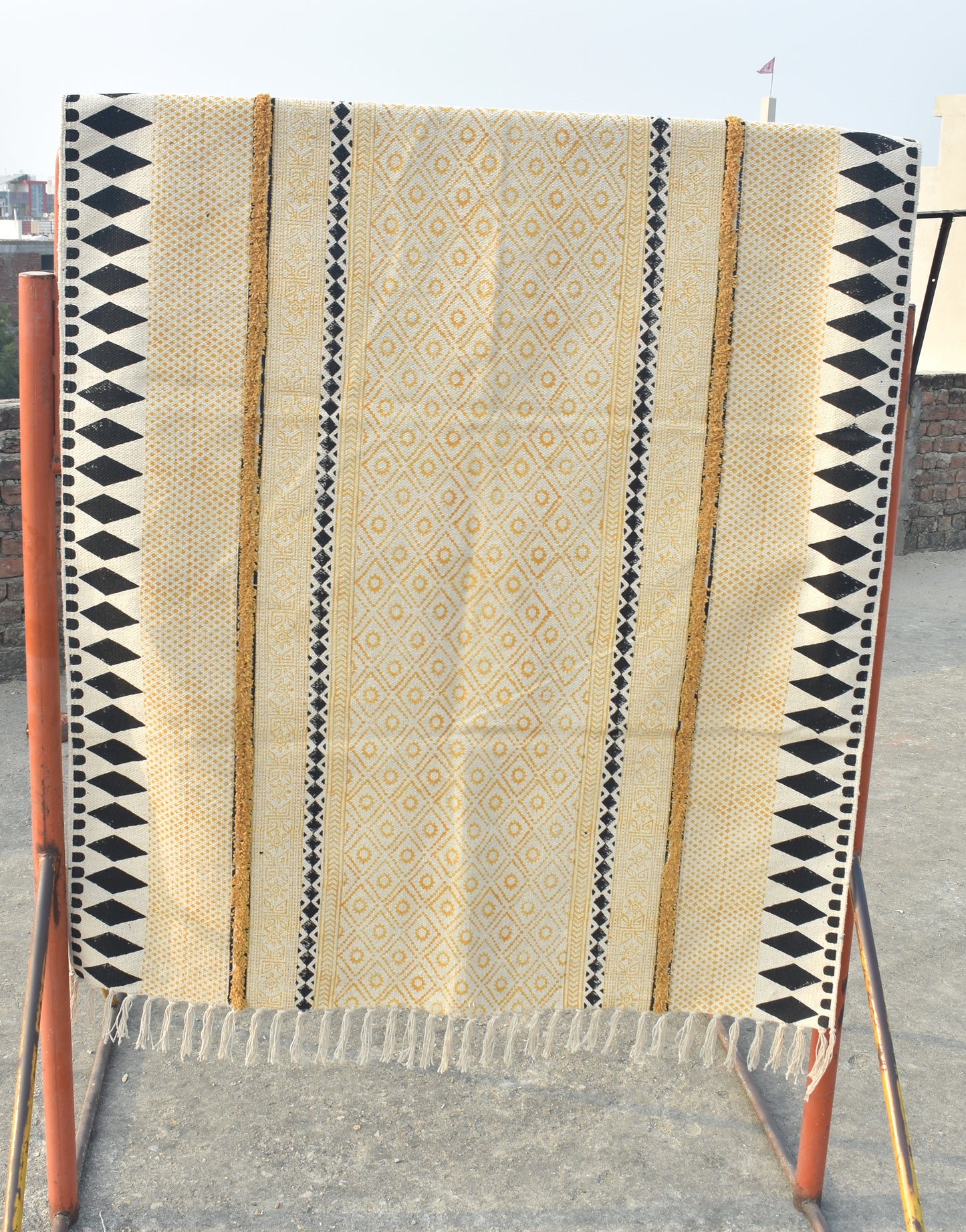 6x9 Ft Handmade rug Block print rug Yellow rug Kilim rug Navajo rug Tufting rug Rug for living room Beach throw rug Turkish, Morocco rug