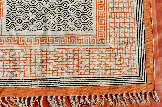 8x10 Ft Large cotton dhurrie rug Orange color rug Block print throw Indian dhurrie rug Rug by living room Rug by gift Antique, Anatolian rug