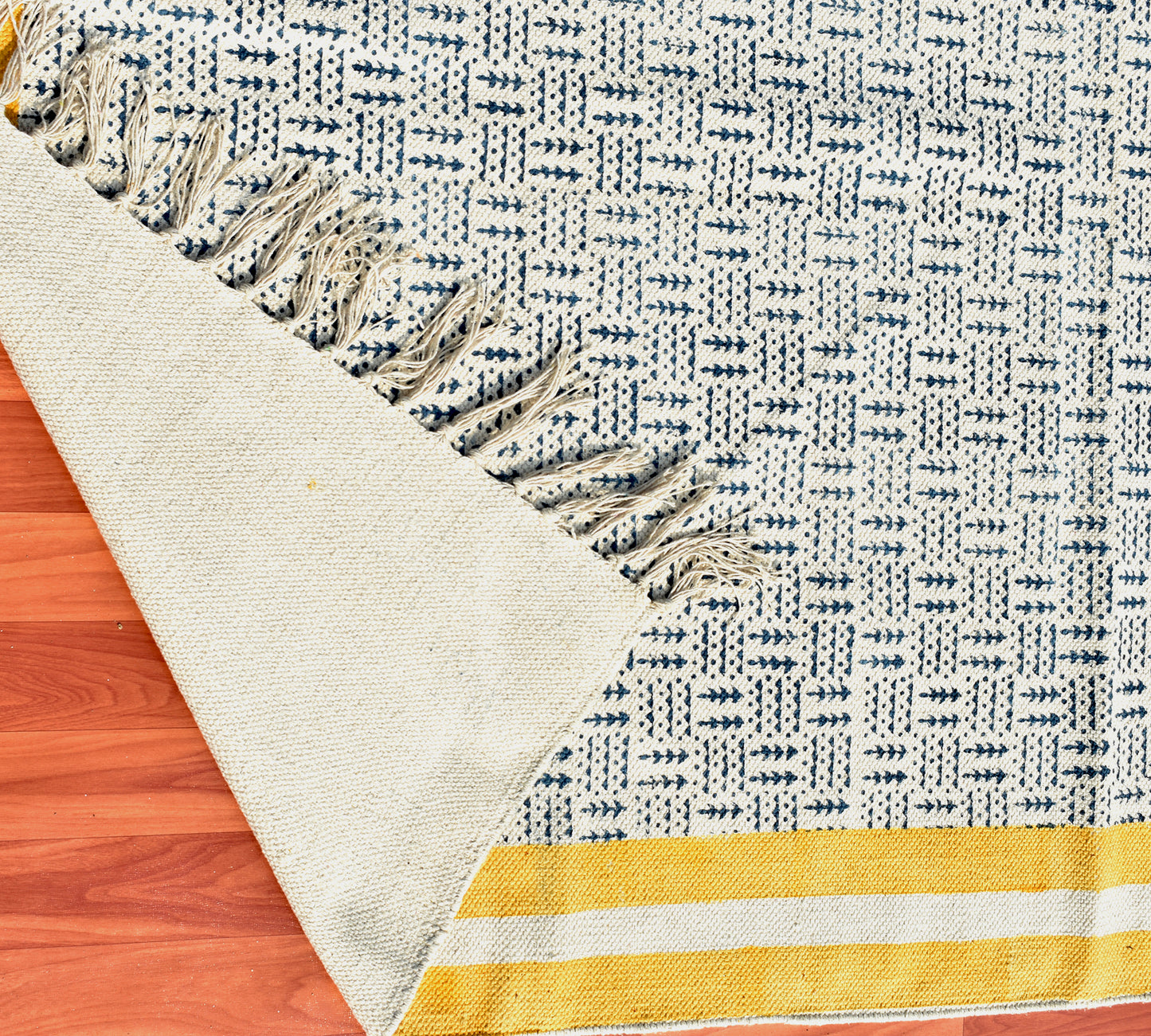 Blue yellow rug Indian cotton rug hand block print rug dining room rug dhurrie rug bedroom rug bohemian kilim rug custom rug, 5x8 feet rug