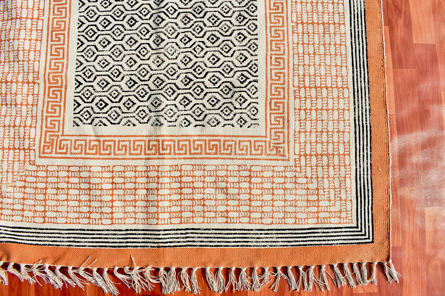 6x9 Feet Cotton dhurrie rug Orange black color rug Outdoor garden rug Beach throw rug Turkish area rug Oushak rug Morocco rug Flatweave rug