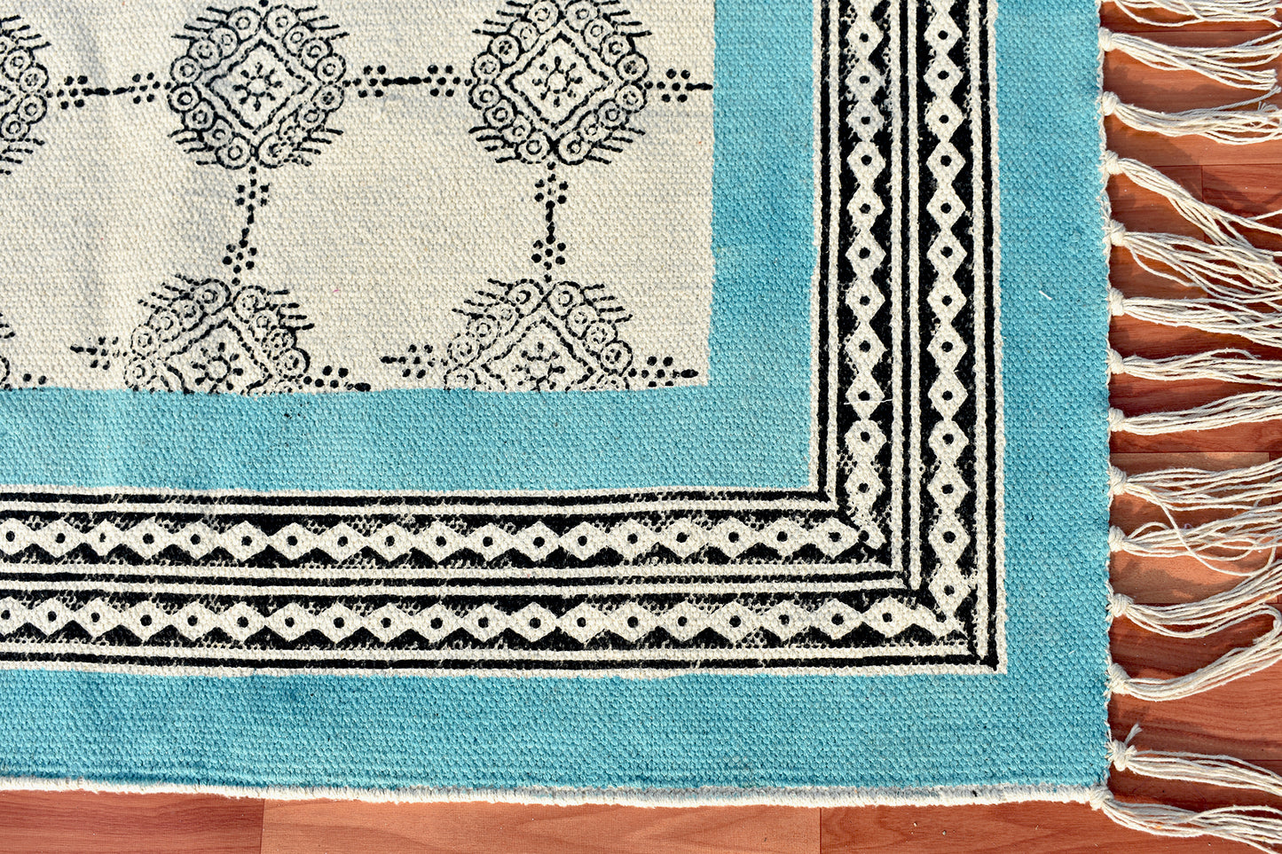 Cotton Runner rug Handmade rug Block printed rug Runner area rug Sky blue rug Flatweave rug Handwoven rug, 3x10 4x10 Feet