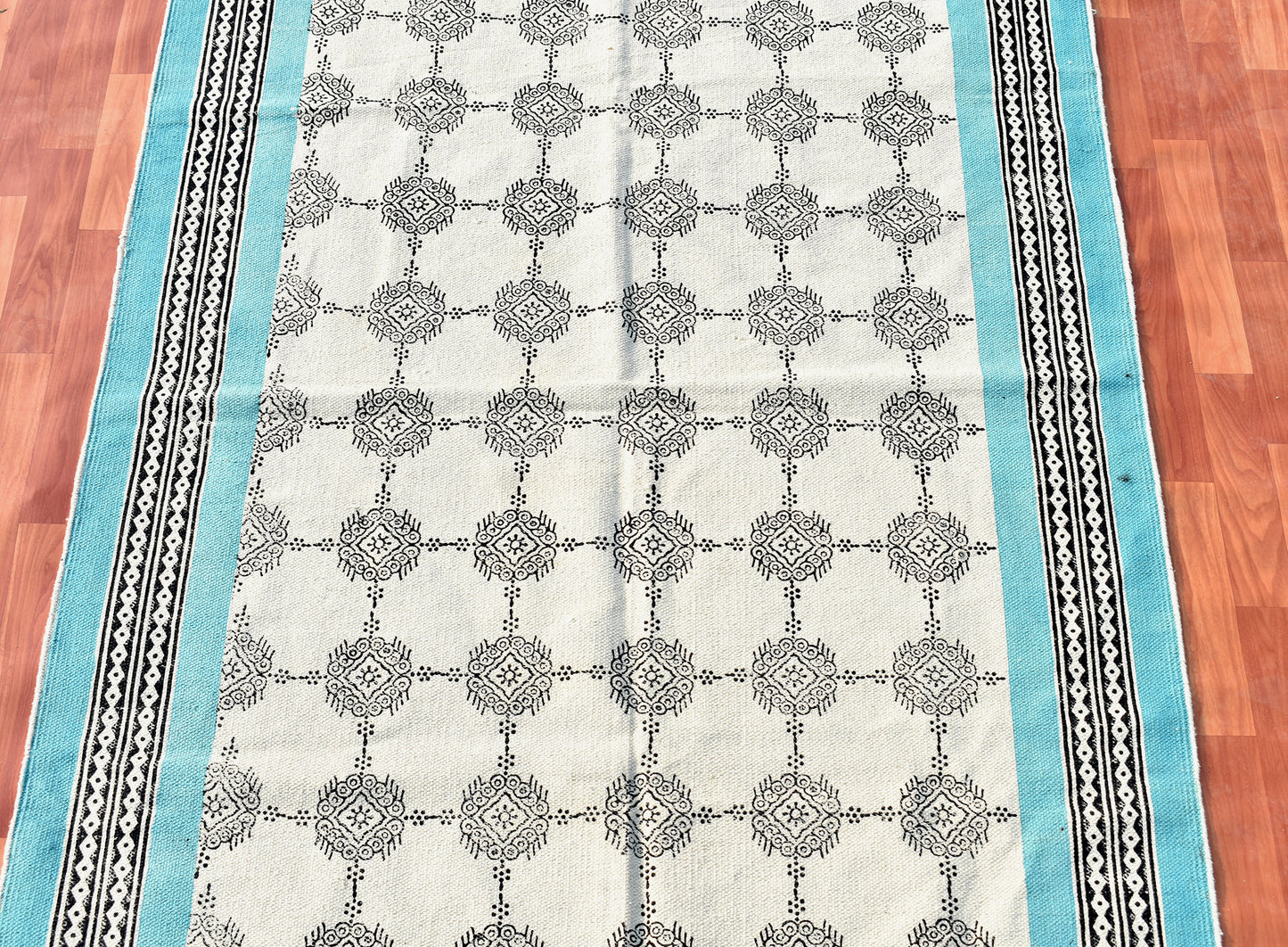 Indian Cotton Rug Block Print Rug Dining Room Rug Bohemain Cotton Rug Sky Blue Cotton Rug Boho Cotton Rug, 5x8 Ft Area Rug