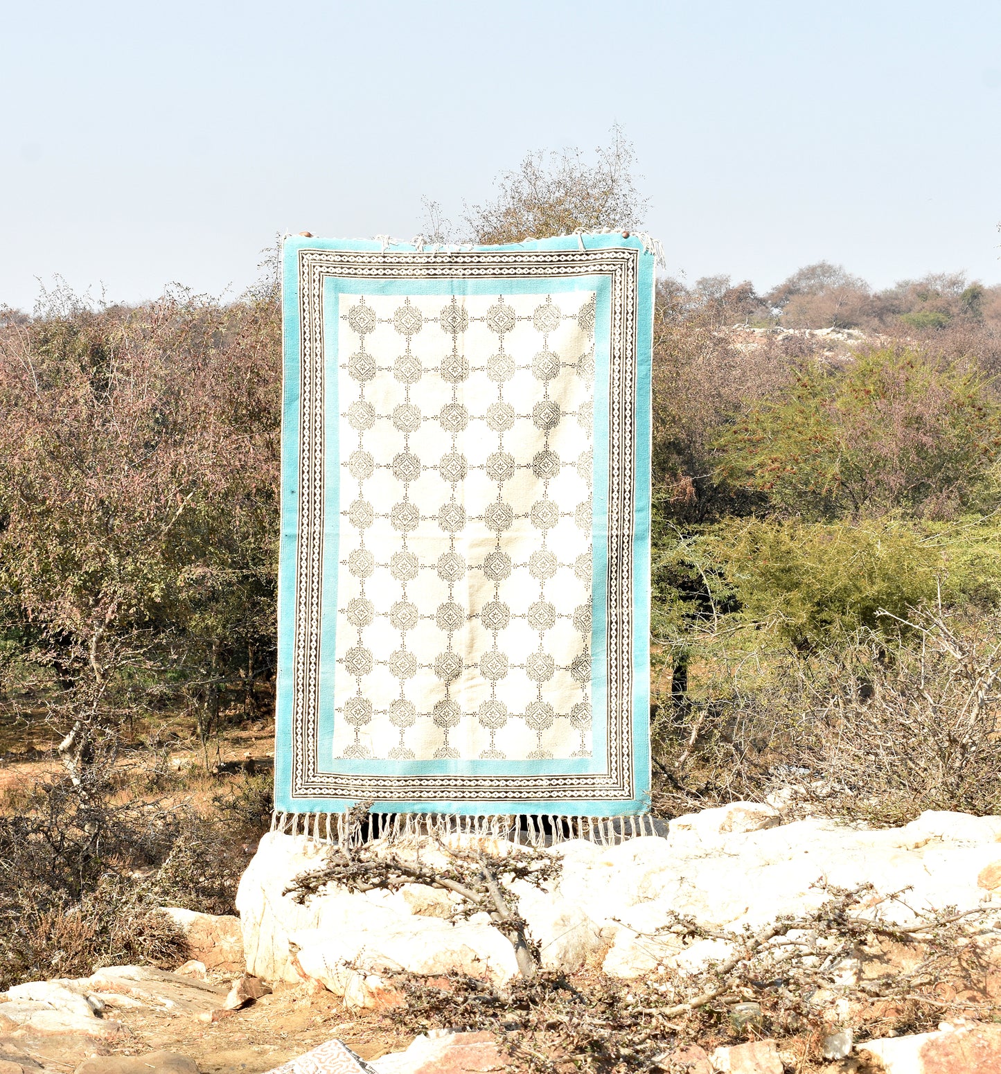 Cotton block print rug 3x5 Ft Small cotton dhurrie Sky blue color rug Handmade rug Anatolian Rug Tribal rug Kitchen rug Yoga mat Outdoor rug