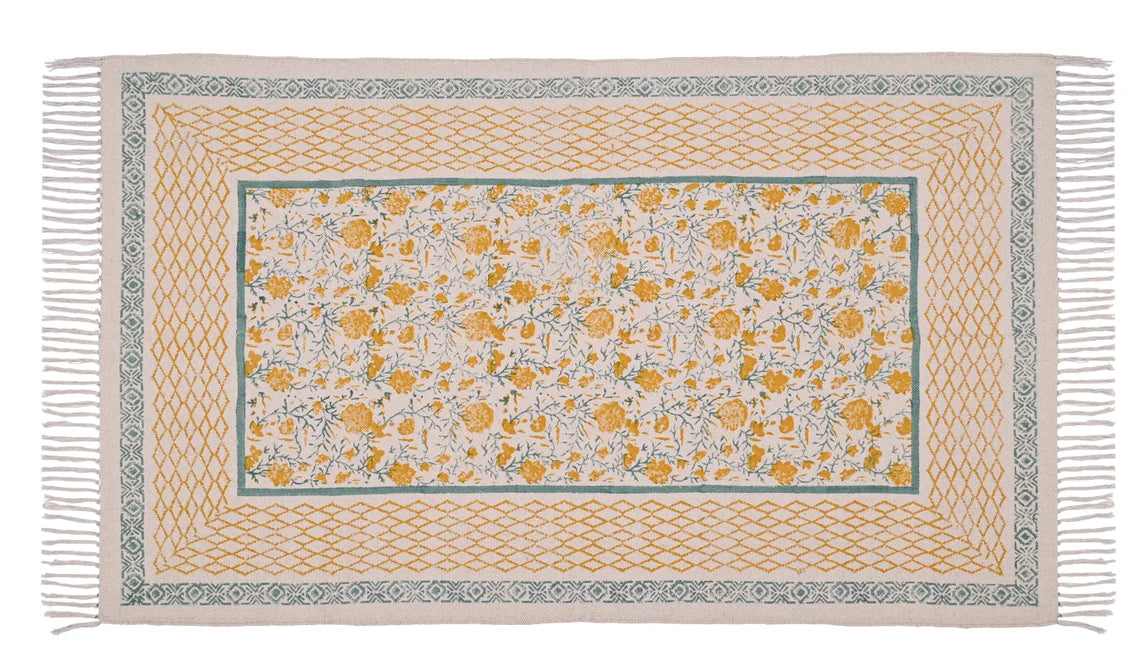 Handmade Cotton Block Print Dhurrie Rug Yellow Rug Floral Rug Living Room Rug Bedroom Rug Bohemian Decor Rug 5x8 Feet