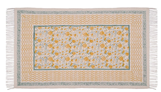 Handmade Cotton Block Print Dhurrie Rug Yellow Rug Floral Rug Living Room Rug Bedroom Rug Bohemian Decor Rug 5x8 Feet