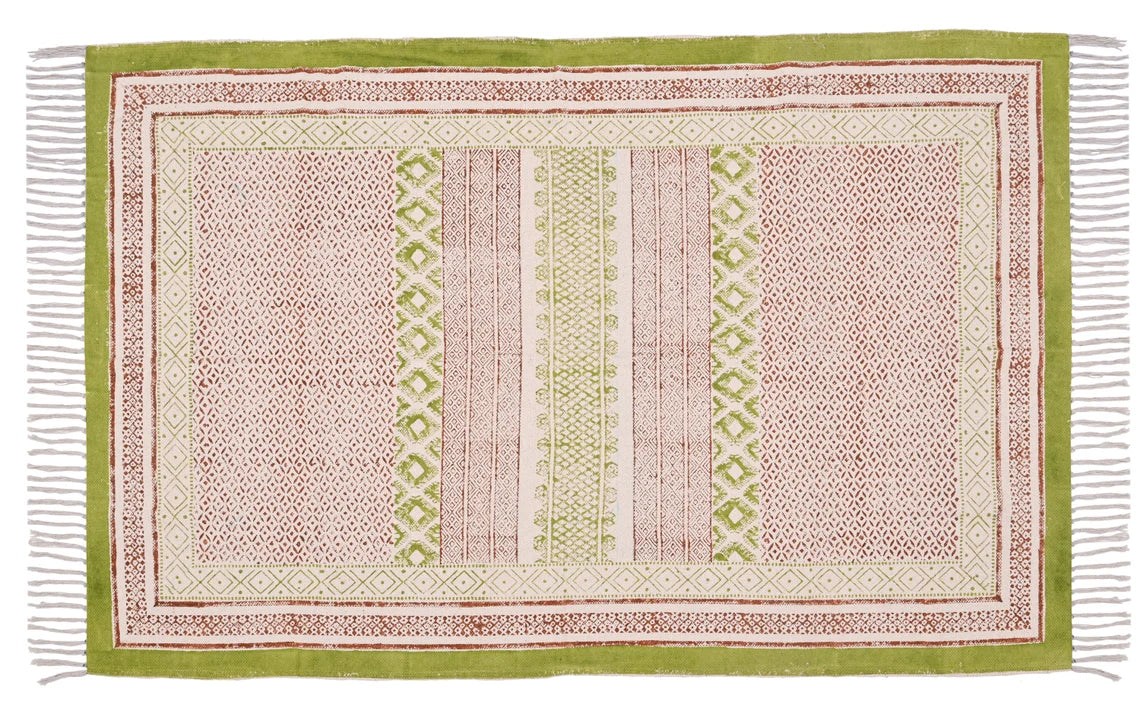 Handmade Cotton Block Printed Green Boarded Area Rug For Living Room, 6x9 Feet