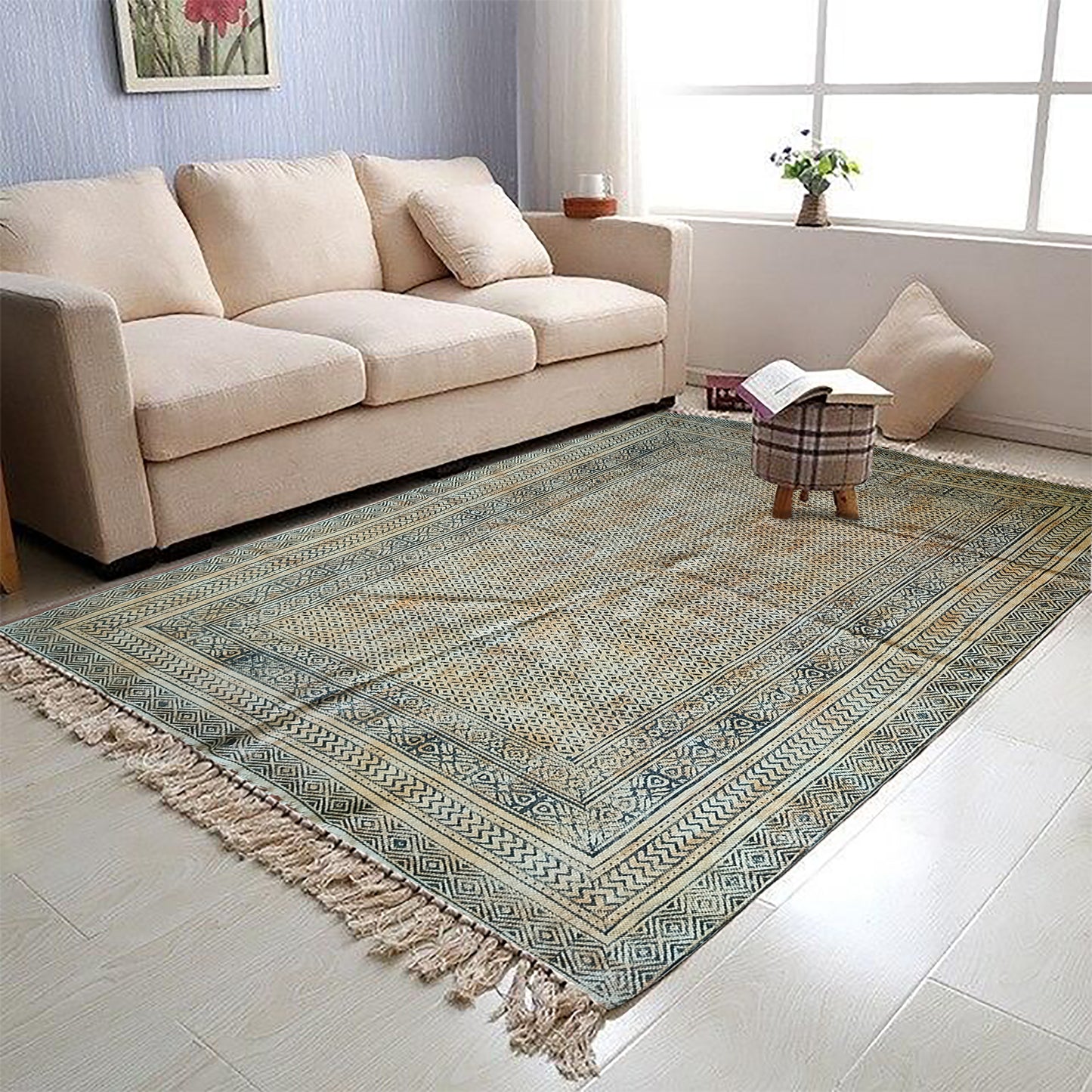 6x9 feet handmade brown cotton area rug Bedroom living room home wall decor mat Block printed dining room carpet