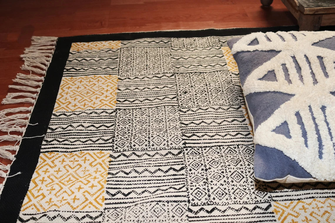 5x8 Ft Cotton Block Print Rug Outdoor Rug, Rug by Living Room Kilim Rug 5x8, Moroccan Vintage Rug Antique Rug, Geometric Rug Area Rug