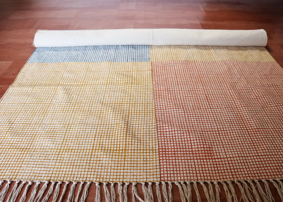 Yellow multicolor rug Cotton area rug Indian handmade rug Boho rug Kitchen carpet Living room rug 3x5 feet