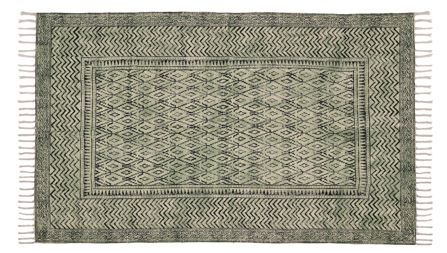 Handmade block print cotton rug Indoor rug living room rug bedroom rug Green rug Bohemian dhurrie rug, 6x9 feet