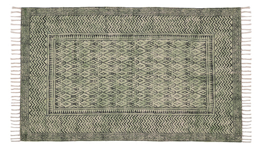 Handmade block print cotton rug Indoor rug living room rug bedroom rug Green rug Bohemian dhurrie rug, 6x9 feet