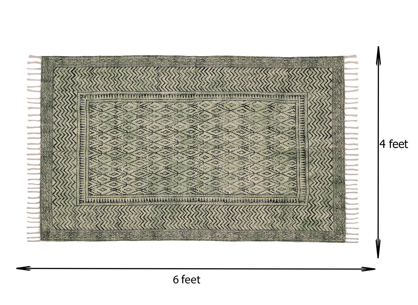 Handmade block print cotton rug Indoor rug living room rug bedroom rug Green rug Bohemian dhurrie rug, 6x9 feet