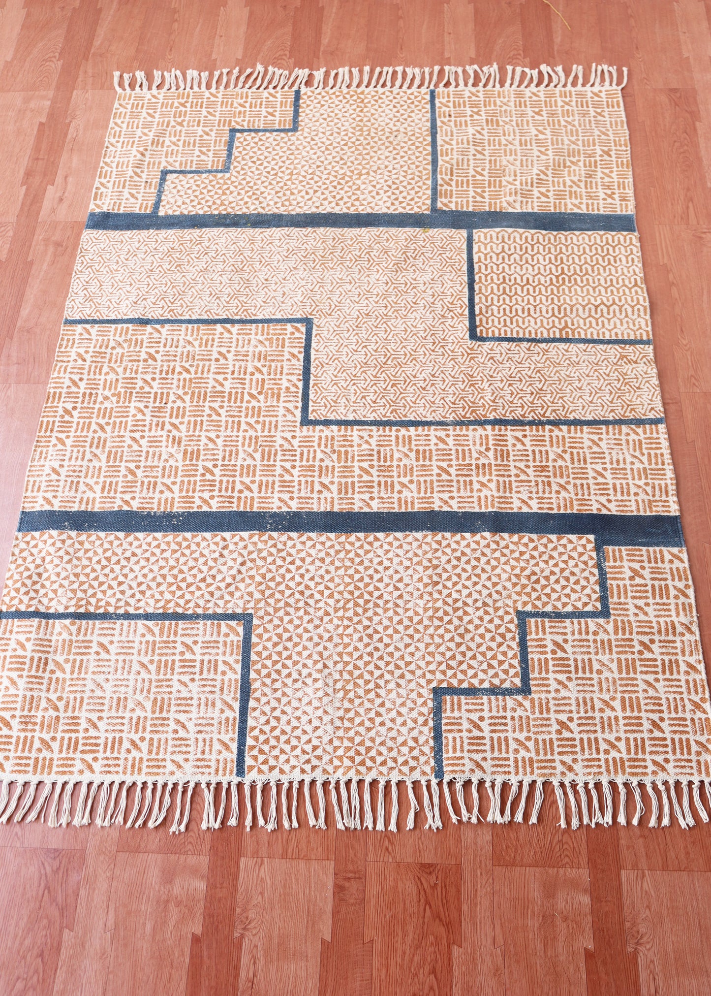 6x9 Feet Bohemian kilim rug Handmade cotton rug Hand block printed rug Geometric square rug Living room rug Study room rug Home decor rug