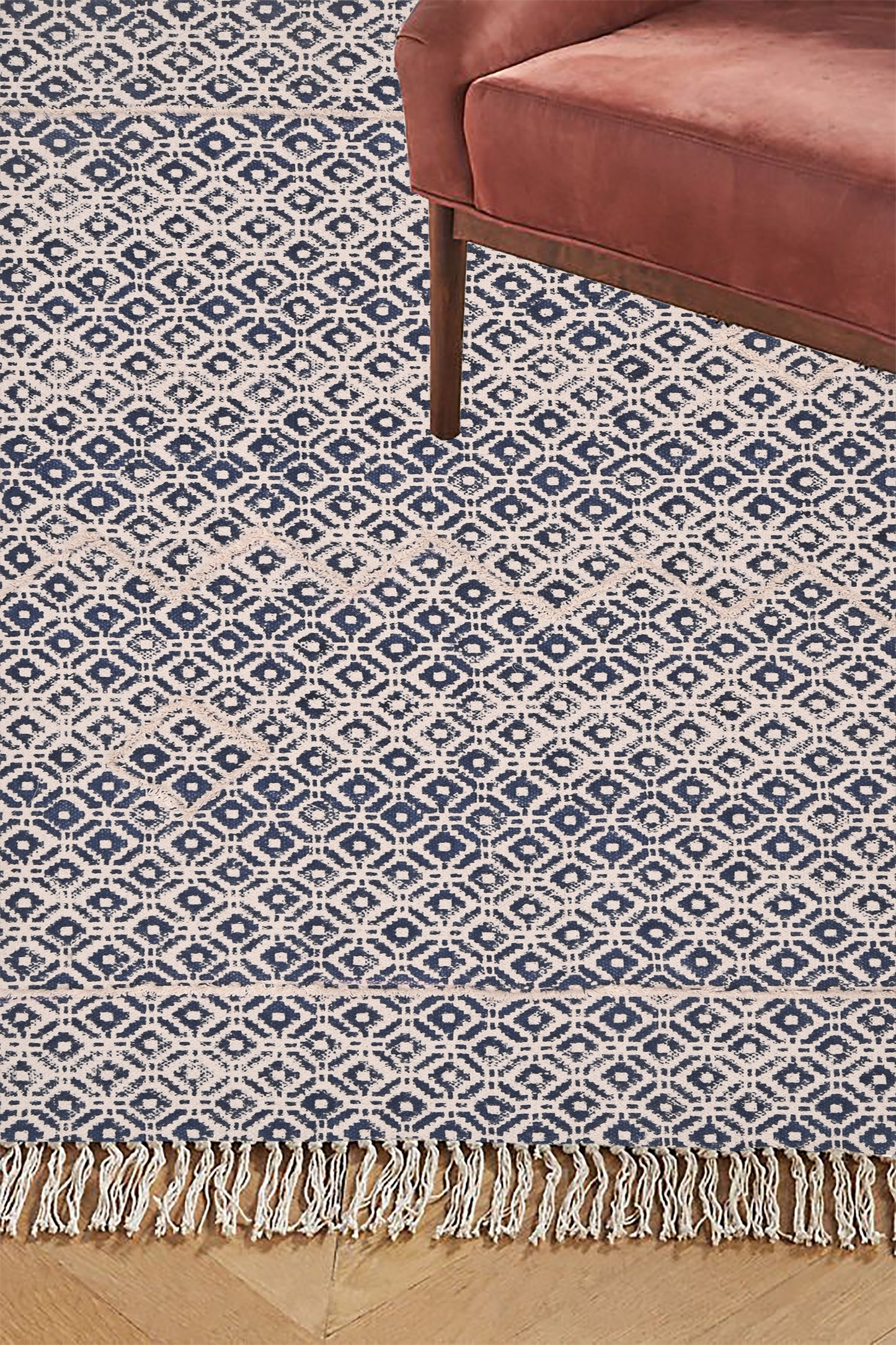 Blue cotton rug Indian dhurrie rug Block print geometric rug Yoga mat Kitchen runner rug Area rug, 3x5 Feet