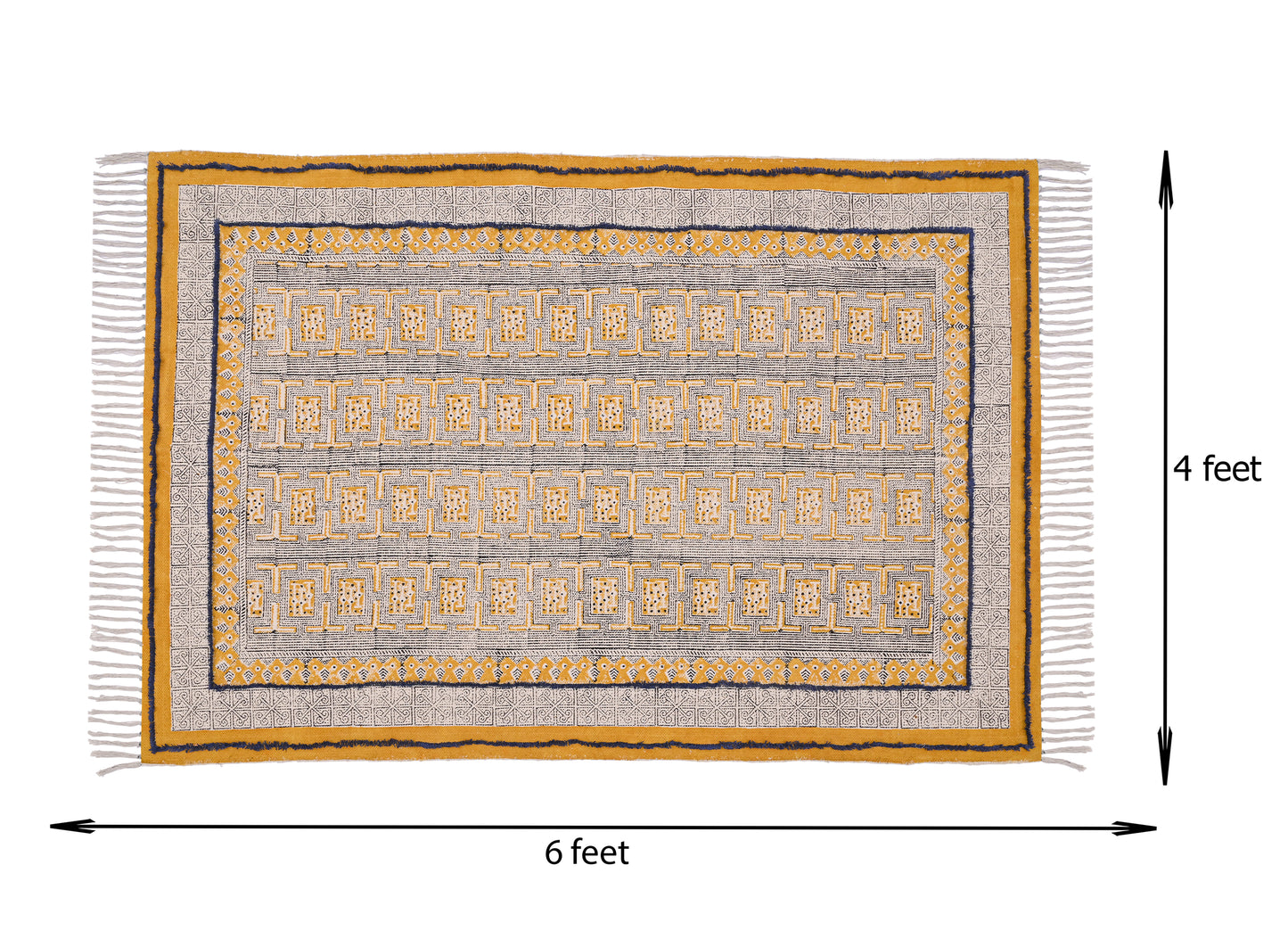 Modern Yellow Cotton Rug Hand Block Print Dhurrie Rug Colorful Rug For Bedroom/ Living Room/ Garden Rug 3x5 Feet