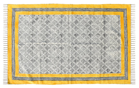 9x12 Ft Indian cotton rug Yellow grey color rug Block print rug Home décor rug Floor area rug, Rug for bedroom Pure Cotton rug Anatolian Rug