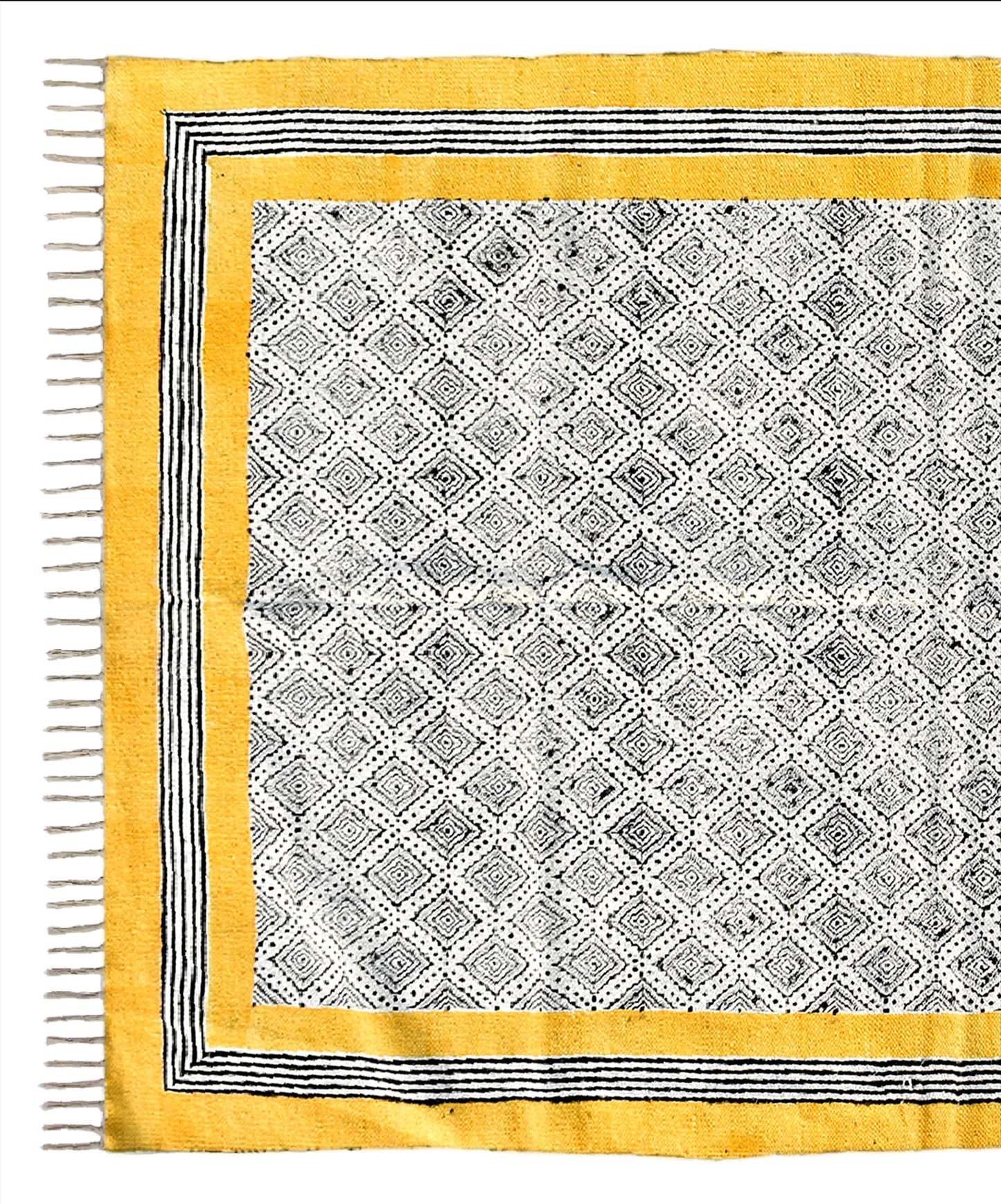 Indian Cotton Rug, Block Print Rug, Black & Yellow Rug Bohemian Cotton Rug, Rug For Living Room / Bedroom, Indoor/Outdoor Patio Rug, 5x8 Ft