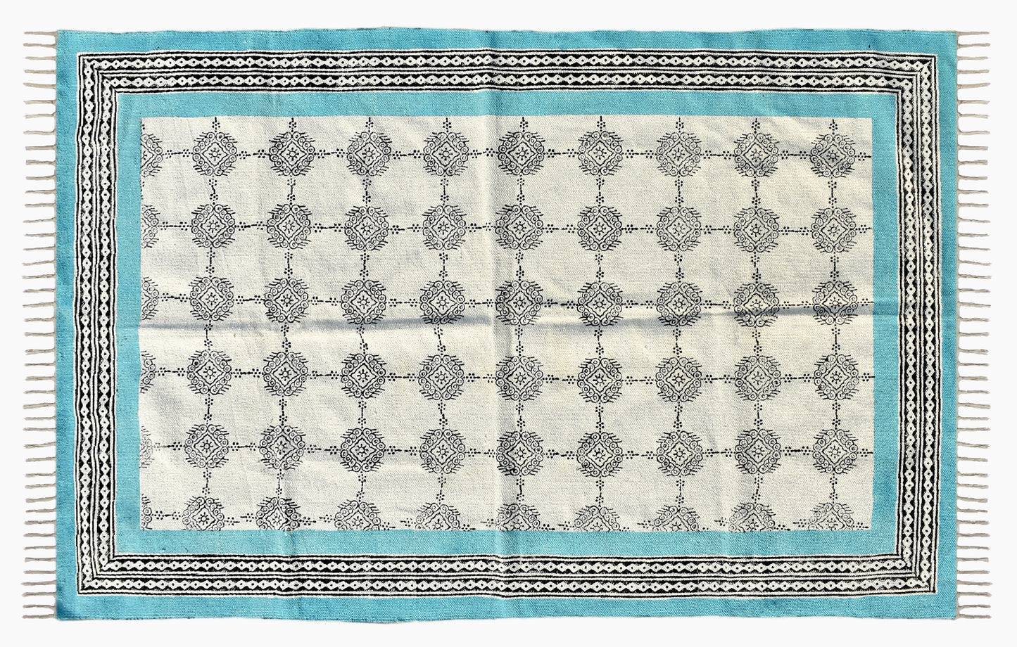 Cotton Runner rug Handmade rug Block printed rug Runner area rug Sky blue rug Flatweave rug Handwoven rug, 3x10 4x10 Feet