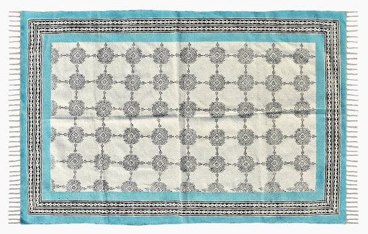 Cotton Runner rug Handmade rug Block printed rug Runner area rug Sky blue rug Flatweave rug Handwoven rug, 3x10 4x10 Feet