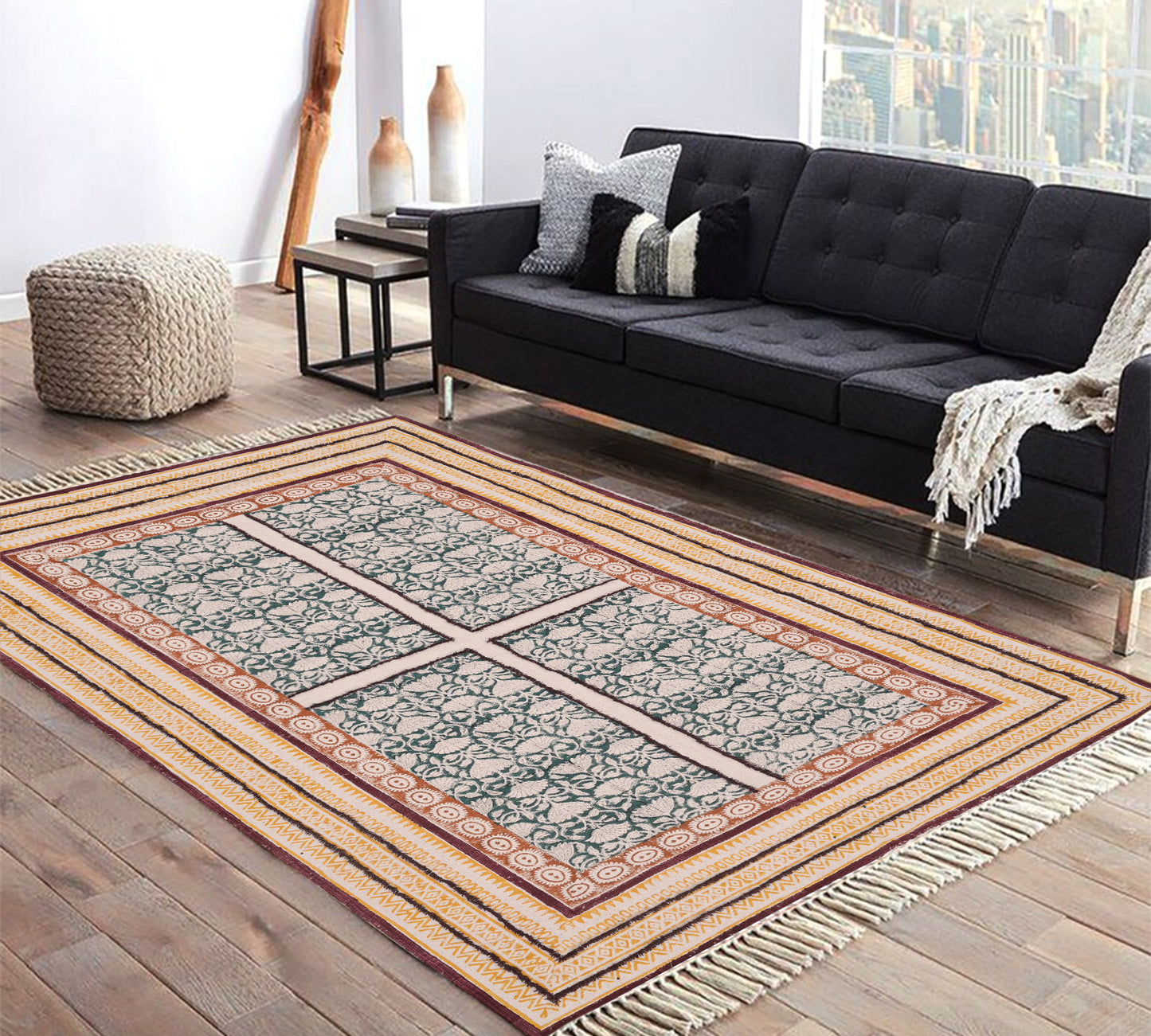 Handmade cotton rug Block print rug Indian rug Flatweave cotton rug Floor carpet Indoor rug Area rug Outdoor patio rug Cotton tuft, 6x9 Ft