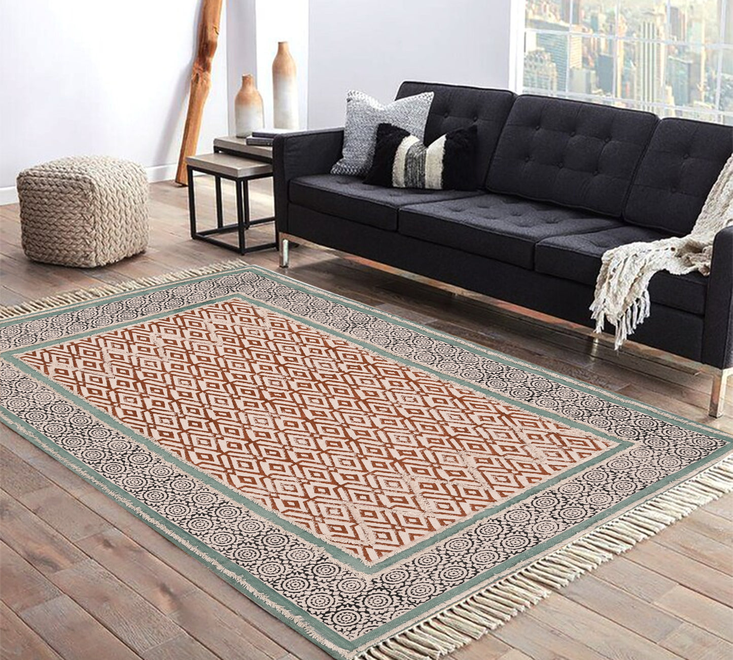 Indian Cotton Rug Block Print Rug Handmade Area Rug Living Room Rug Large Area Rug, 10x14 Feet