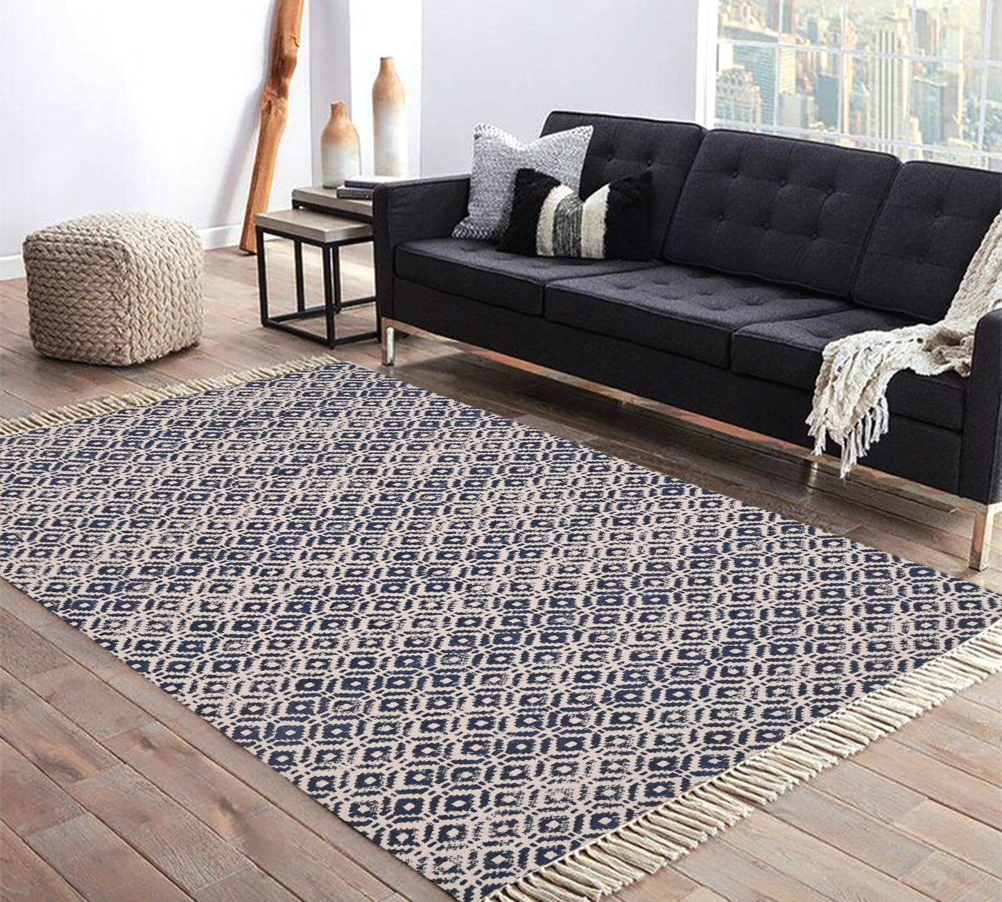 Blue cotton rug Indian dhurrie rug Block print geometric rug Yoga mat Kitchen runner rug Area rug, 3x5 Feet