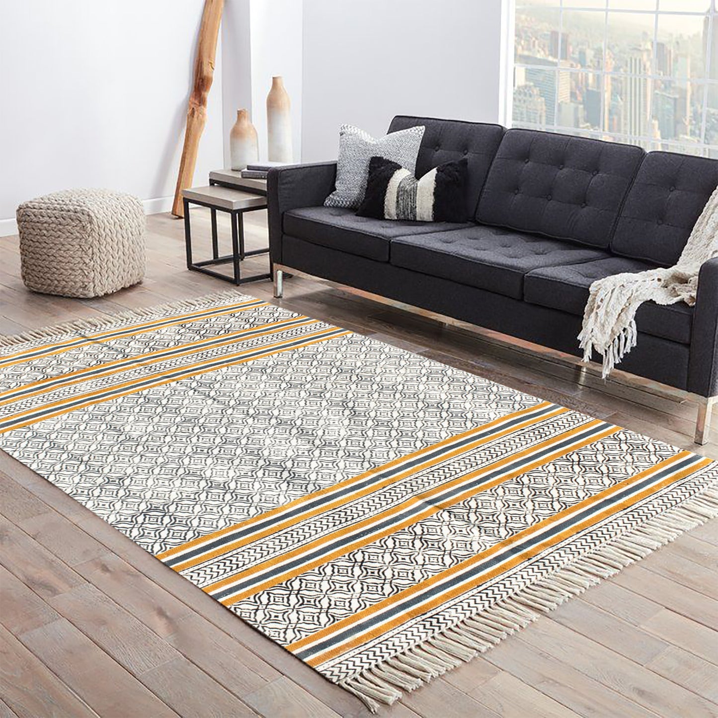 4x6 Ft Indian Cotton Rug Kilim Rugs Block Print rug Navy Blue Yellow Color Rug Geometric Rug Turkish Rug, Rug By Living Room, Rug By Gift