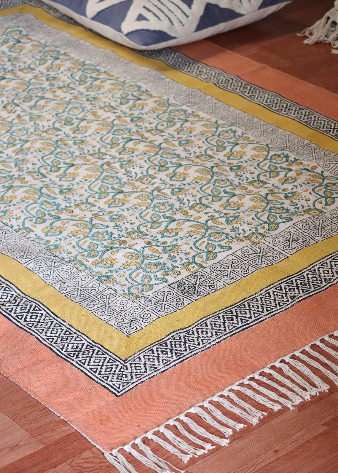 Handwoven bedroom living room cotton area kilim Indian hand block printed durrie Garden yoga mat 6x9 8x10 10x16 ft rug