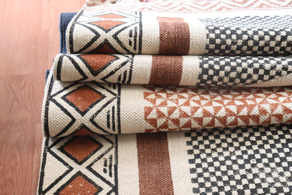 9x12 feet Indian cotton rug Block print rug Outdoor patio rug Floor decor rug Living room rug Large kilim rug