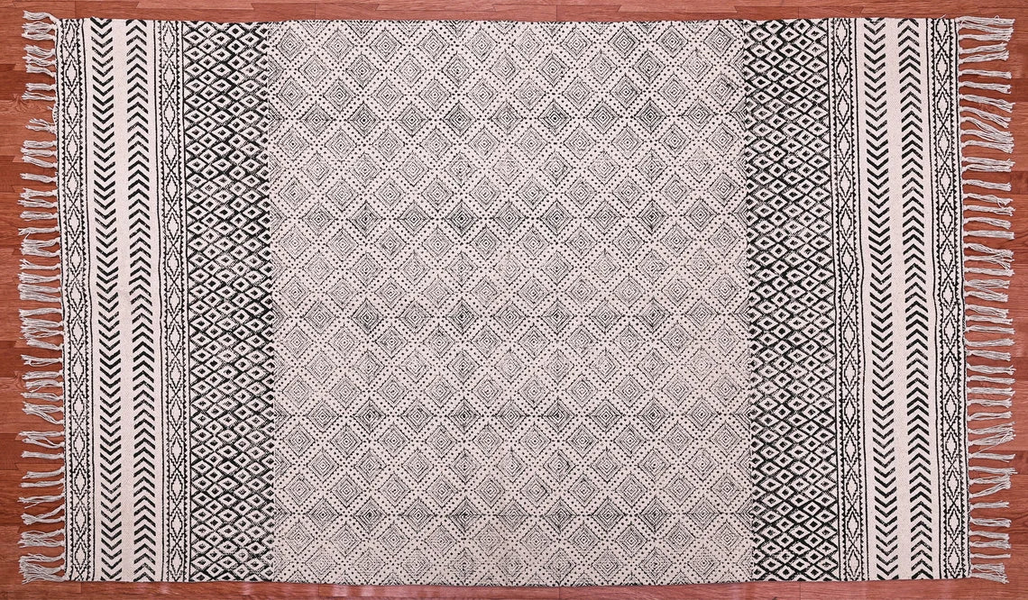 Gray and beige bedroom cotton area rug Custom bohemian living room decor mat Dining room floor carpet block print rug handmade rug 8x10 feet