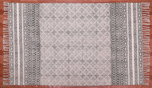 Gray and beige bedroom cotton area rug Custom bohemian living room decor mat Dining room floor carpet block print rug handmade rug 8x10 feet