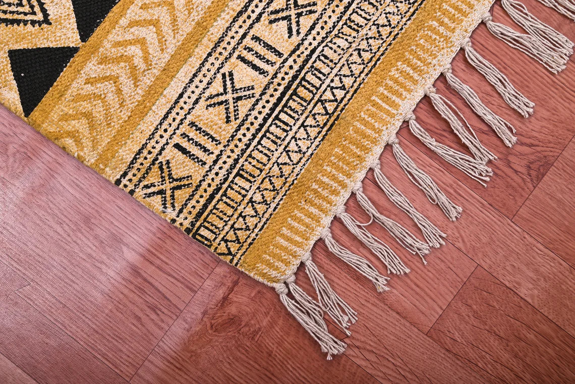 Bronze yellow cotton area durries Indian handmade woven floor rug Kitchen dining living room carpet Garden yoga mat 4x6 5x8 10x14 feet