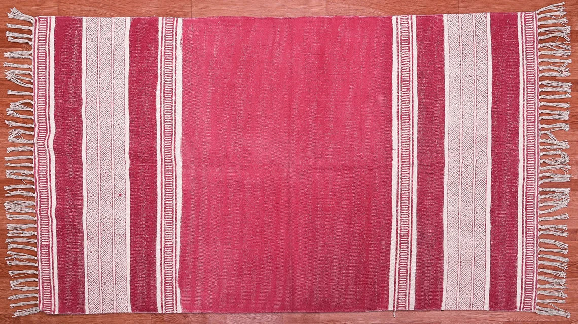 Red Maroon Cotton Rug Hand Block Print Rug Handmade Rug Dhurrie Rug Outdoor Rug, Indoor Rug, Outdoor Garden Rug, Rug For Bedroom, 6x9 Feet