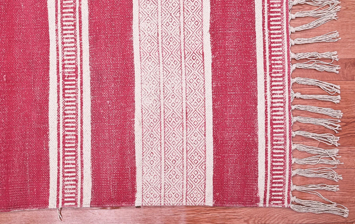 Red Maroon Cotton Rug Hand Block Print Rug Handmade Rug Dhurrie Rug Outdoor Rug, Indoor Rug, Outdoor Garden Rug, Rug For Bedroom, 6x9 Feet