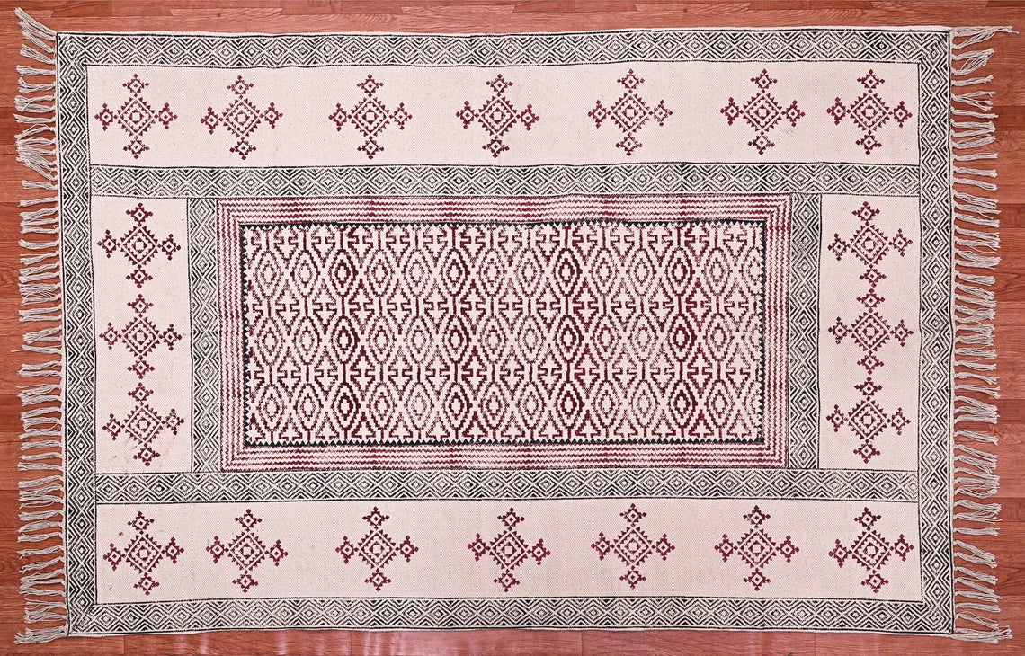 Indian cotton dhurrie 9x12 ft rug block print rug dining room rug outdoor rug floor rug geometric rug hand woven rug outdoor garden area rug