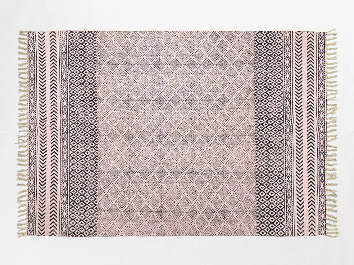 Gray and beige bedroom cotton area rug Custom bohemian living room decor mat Dining room floor carpet block print rug handmade rug 8x10 feet