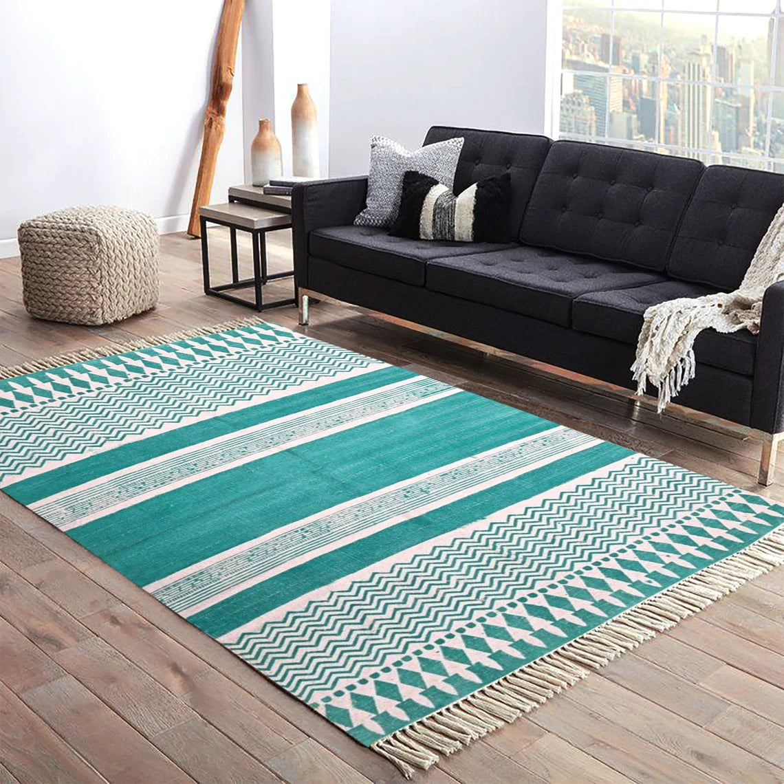 10x14 Feet Area Rug Green Rug Hand Block Print Rug Indian Cotton Rug Flatweave rug Hand Weave Rug Floor Rug Large Cotton Carpet Area Rug