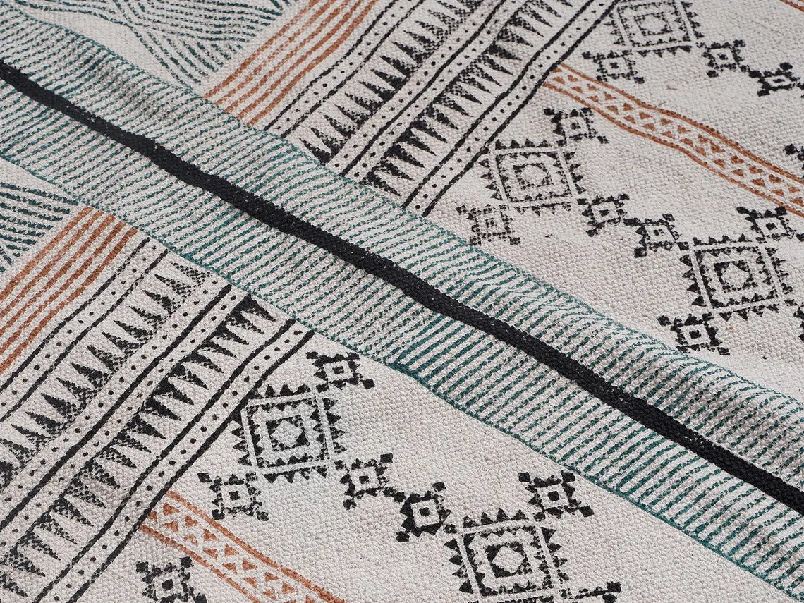 Bedroom area rug Hand block printed  cotton geometric rug Navajo rug Dhurrie rug  Cotton area rug Living room rug 5x8 feet