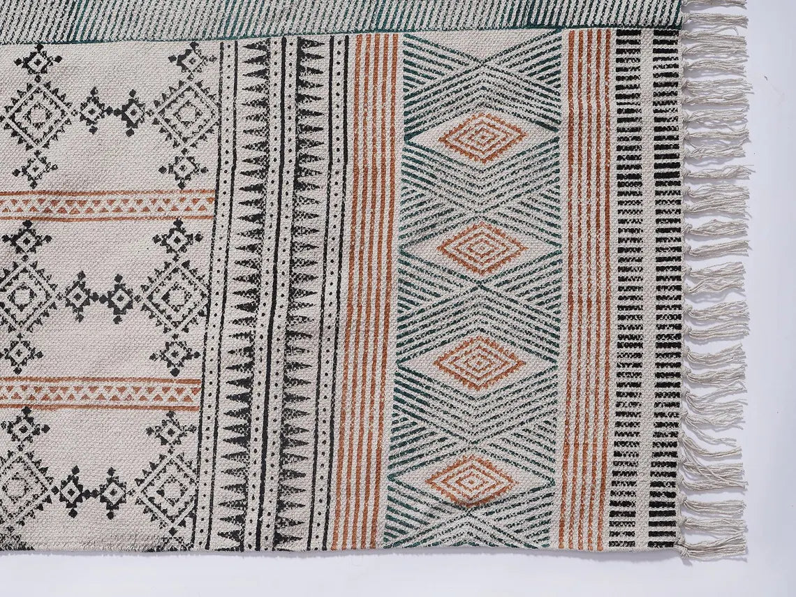 Bedroom area rug Hand block printed  cotton geometric rug Navajo rug Dhurrie rug  Cotton area rug Living room rug 5x8 feet