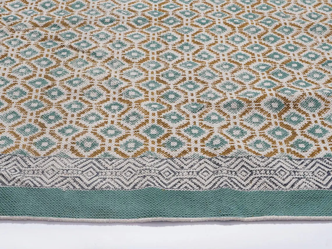 Indian Hand Block Printed Cotton rug  Bedroom rug Hall rug Kitchen rug green color rug  Dhurrie rug Boho rug Custom rug area rug 4x6 feet