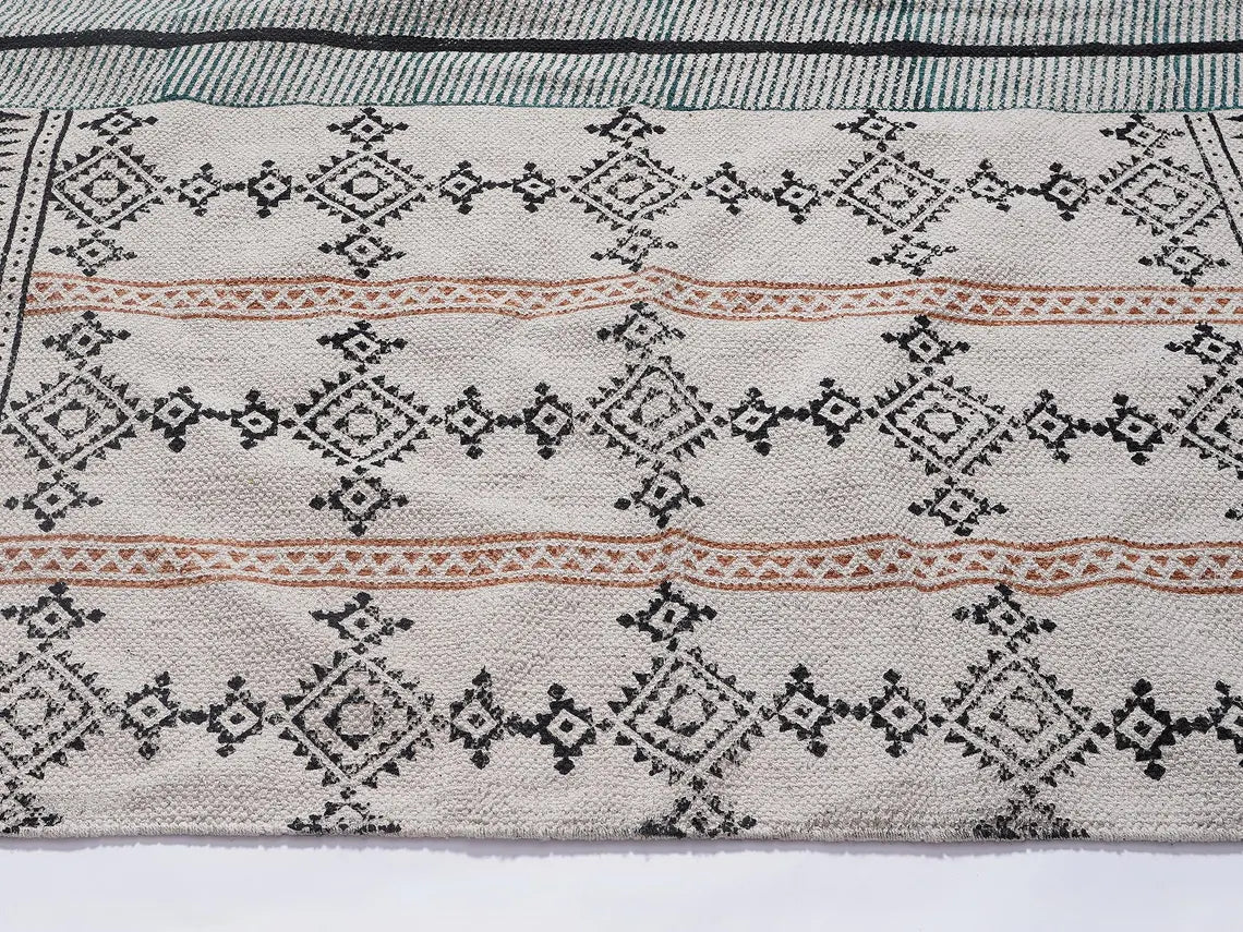 Traditional cotton rug Hand block printed Dhurrie Flatweave Cotton Washable rug Custom area rug Entryway Killm Christmas gift rug