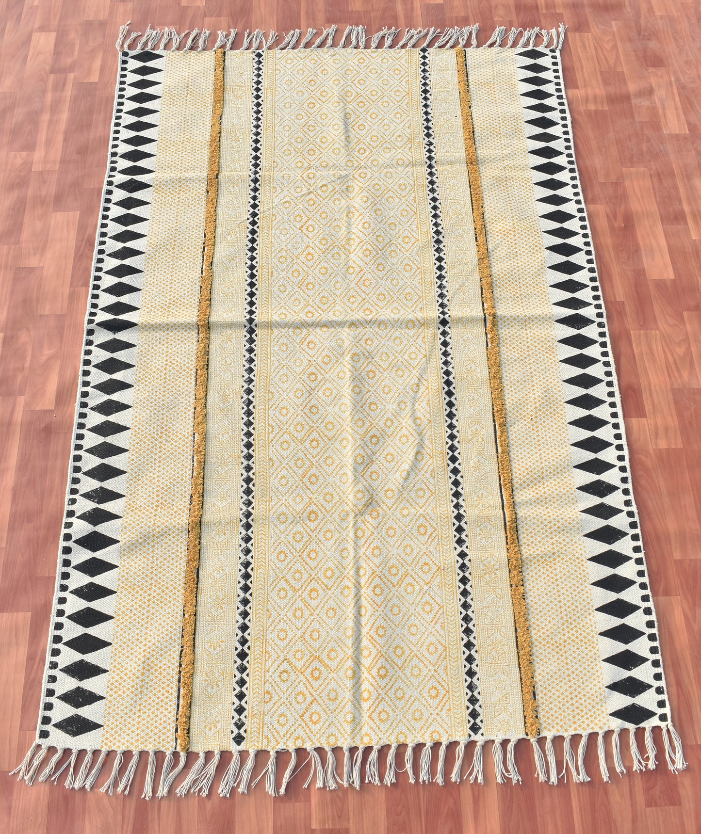 3x5 Ft Indian cotton dhurrie rug Hand block print rug Yellow black color rug Kitchen area rug Tufted rug Yoga carpet Garden rug Turkish rug